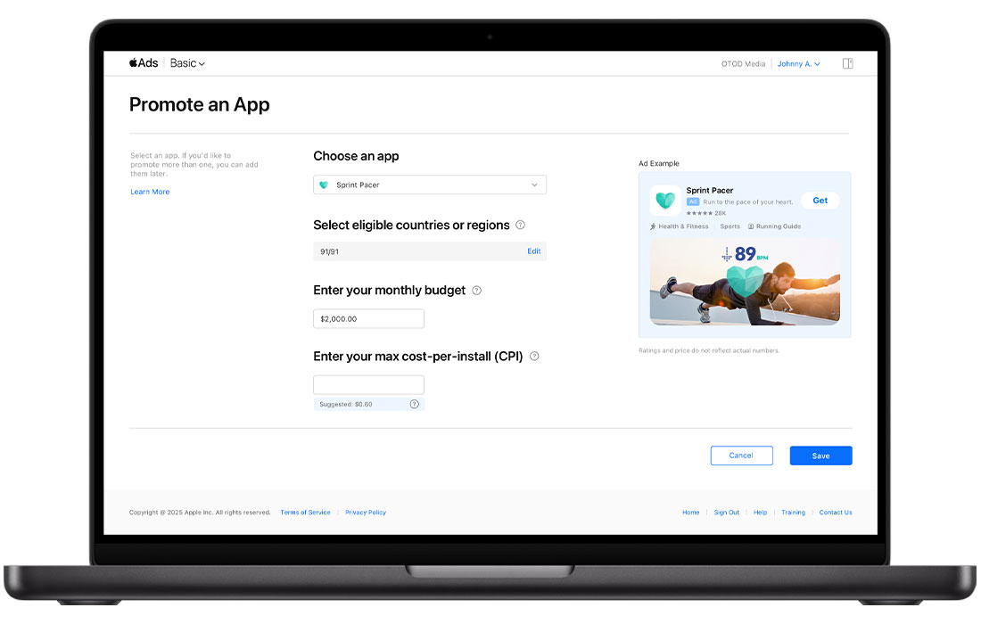 Real Apple Ads Basic Promote an App page screenshot. Four fields: Choose an app (Sprint Pacer), Select eligible countries (91/91), Enter monthly budget ($2,000), Enter max cost-per-install (suggested $0.60). Save button. Ad preview pane on the right.